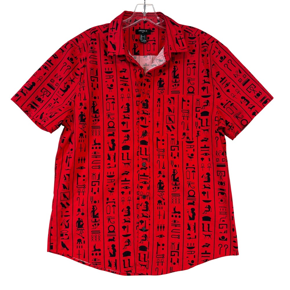 Forever 21 Men Red Egyptian Hieroglyphic Print Short Sleeve Button Down Shirt L